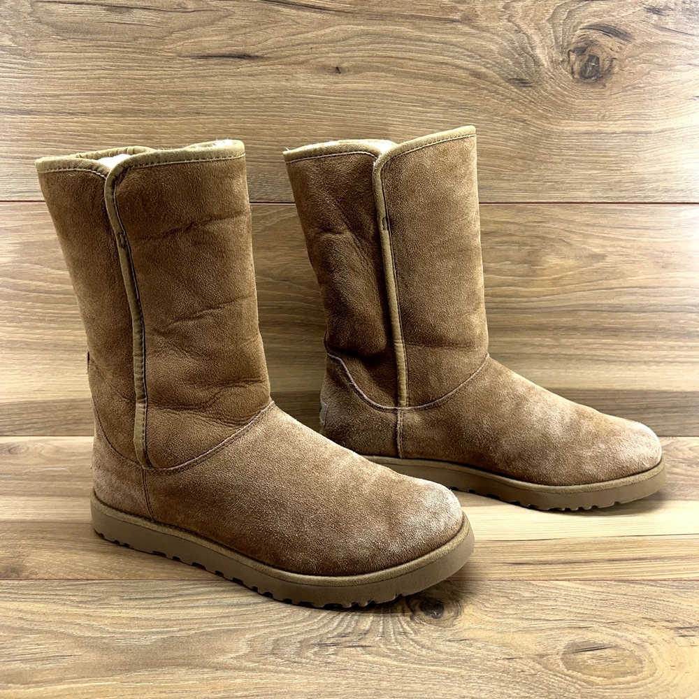 UGG Amie Womens Boots 7 Brown Leather Mid Slip On Shearling Fur Lined